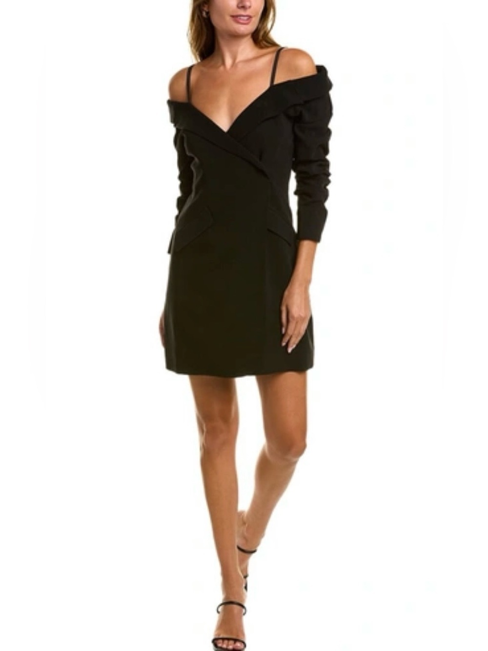 Cinq à Sept Black Off Shoulder Blazer Mini Dress Sz 6 Ruched Sleeve Designer LBD